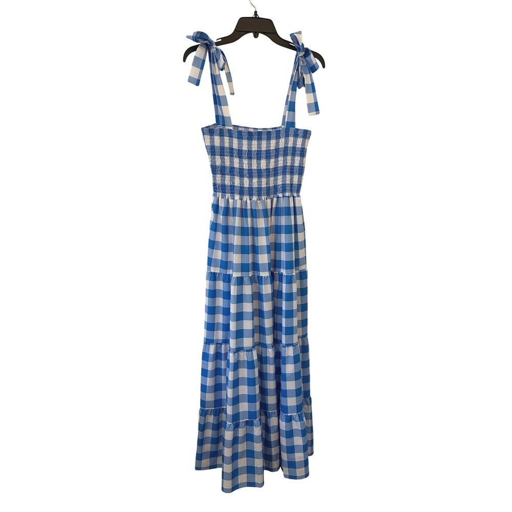 Blue Gingham Smocked Tiered Maxi Dress Tie Shoulder Cottagecore XL Picnic Cowboy